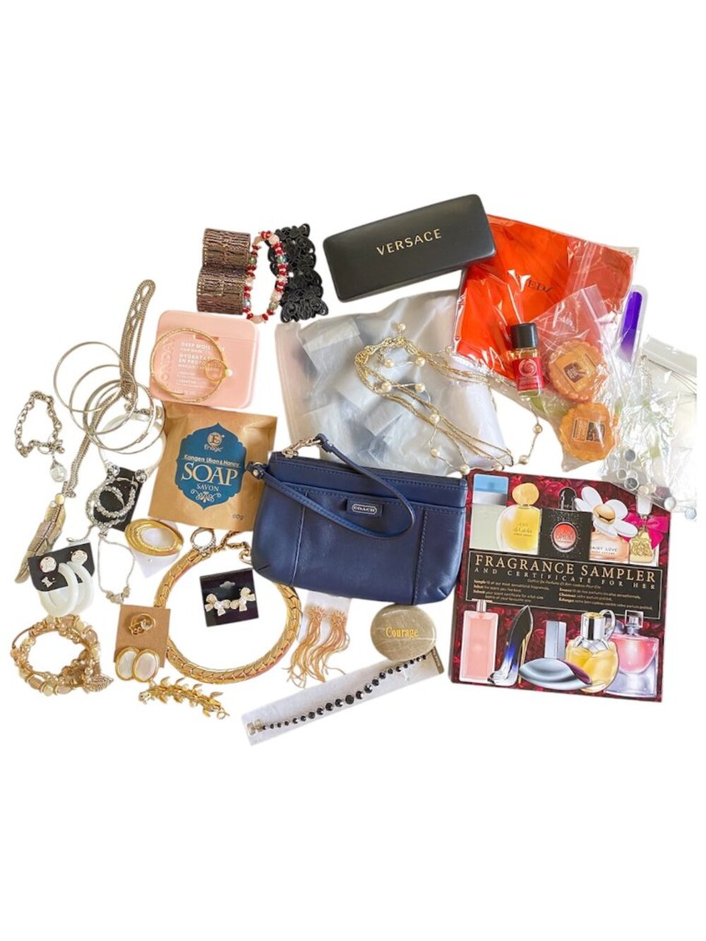 Not so Mystery Box Coach Versace Jewelry Fragrance Sampler + Surprise Extras